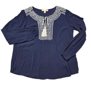 Michael Kors Embroidered Tassel Peasant Top Women Medium Navy Blue Viscose